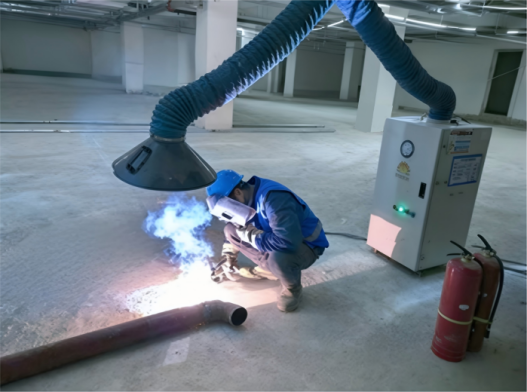 移动净化卫士 助力绿色施工 城建建筑公司起步区大桥片区D-4地块项目创新使用 移动式焊烟净化器